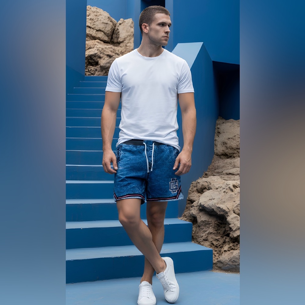 EUC Original Fables Men’s SZ XL blue denim embroidered logo short/waist 42”-44”